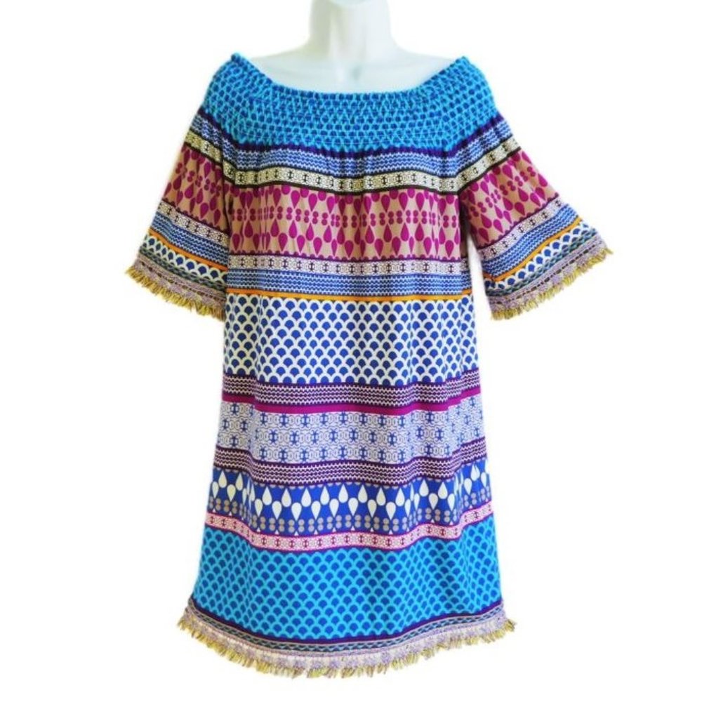 Trina Turk Emilia Shift Dress Festive Fringe Trim Multi Color Mixed Motifs M